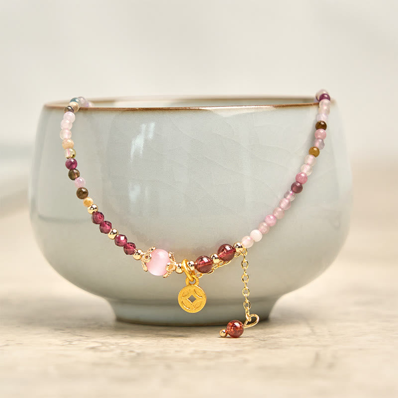 Pulsera de la sabiduría con monedas de turmalina de colores y cuentas irregulares de 2,5 mm de Buddha Stones