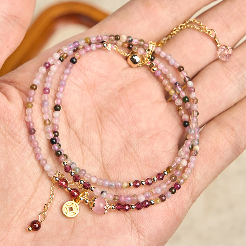 Pulsera de la sabiduría con monedas de turmalina de colores y cuentas irregulares de 2,5 mm de Buddha Stones