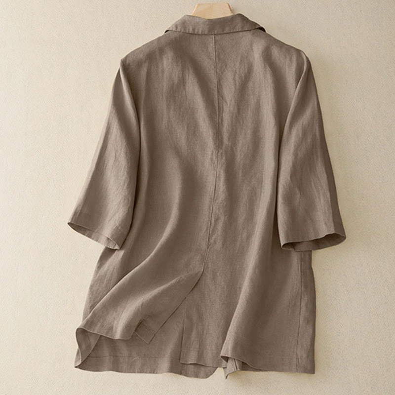 Chaqueta de traje pequeña de algodón con botones y bolsillos para mujer de Buddha Stones, manga tres cuartos - image 1