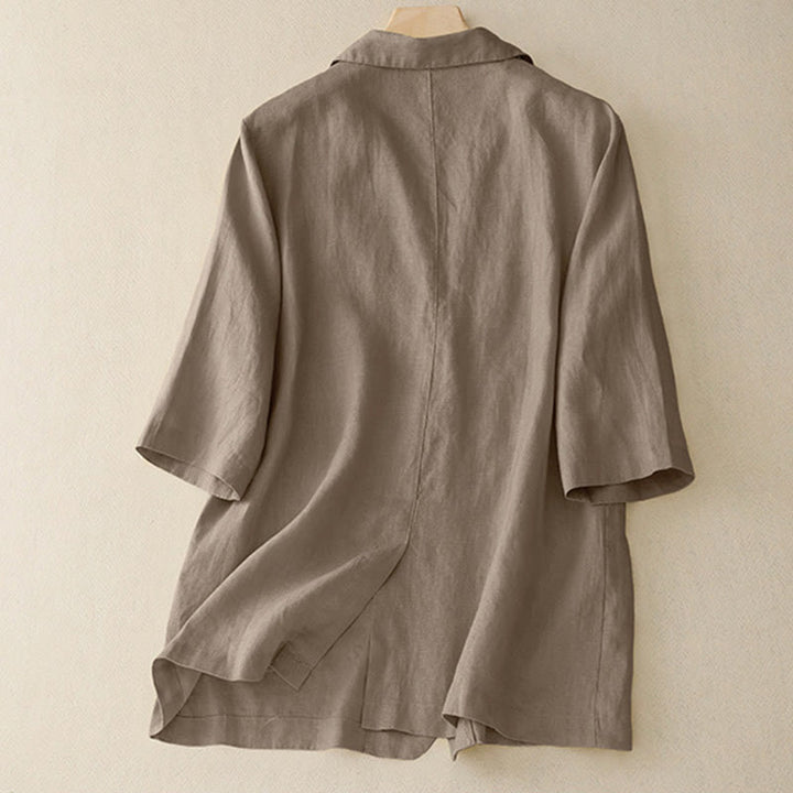 Chaqueta de traje pequeña de algodón con botones y bolsillos para mujer de Buddha Stones, manga tres cuartos - image 1