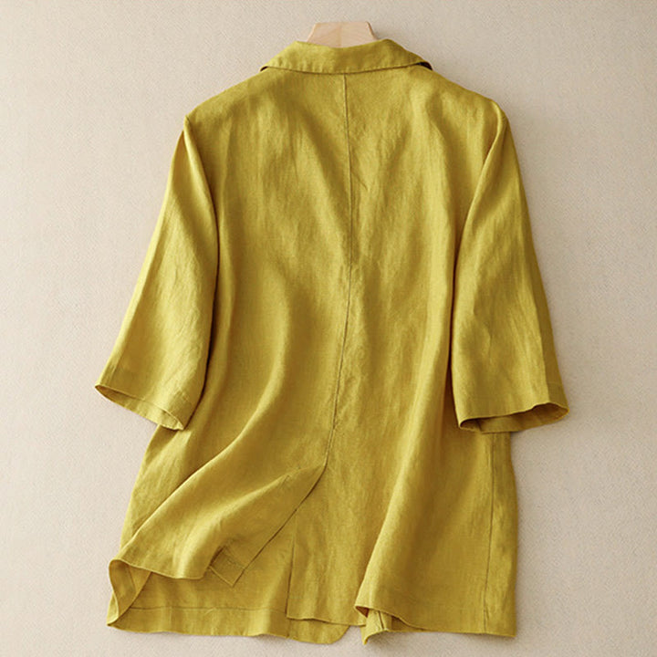 Chaqueta de traje pequeña de algodón con botones y bolsillos para mujer de Buddha Stones, manga tres cuartos - image 5