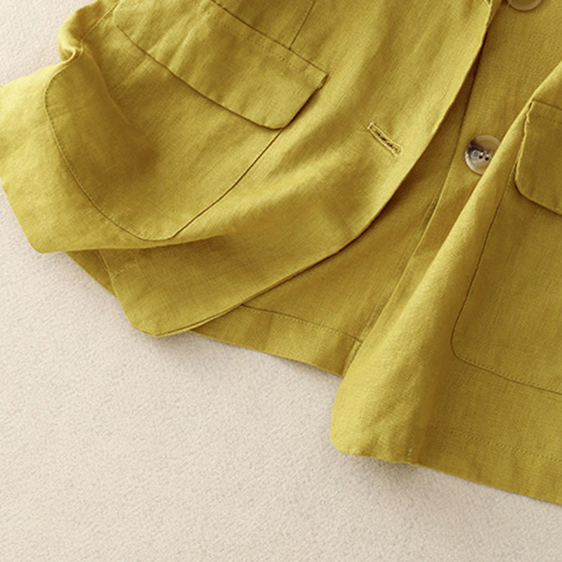 Chaqueta de traje pequeña de algodón con botones y bolsillos para mujer de Buddha Stones, manga tres cuartos - image 9