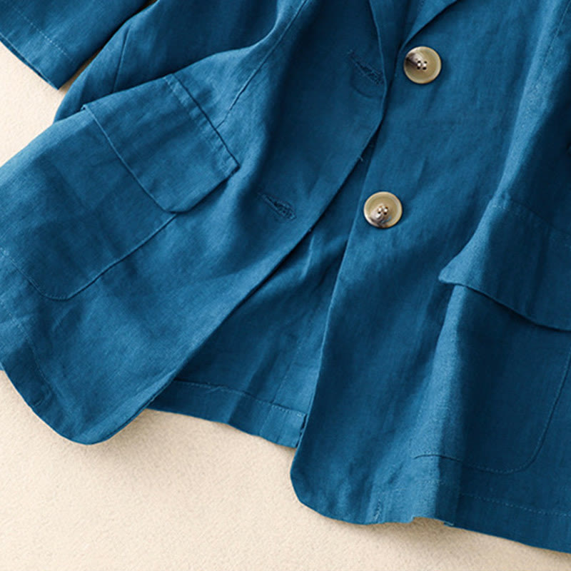 Chaqueta de traje pequeña de algodón con botones y bolsillos para mujer de Buddha Stones, manga tres cuartos - image 13