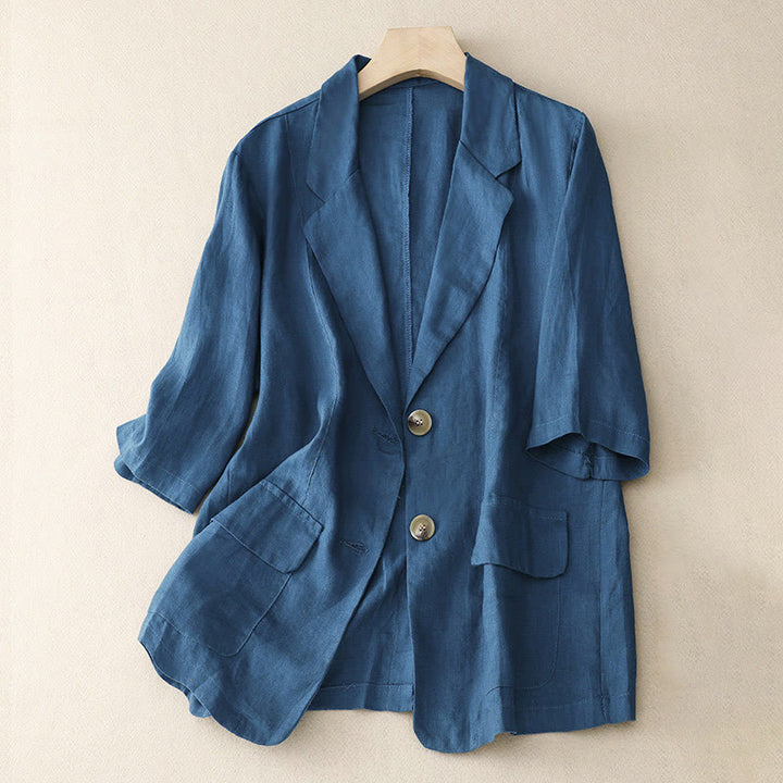 Chaqueta de traje pequeña de algodón con botones y bolsillos para mujer de Buddha Stones, manga tres cuartos - Azul acero - US8-10，UK/AU12-14，EU40-42 (2XL) - image 12