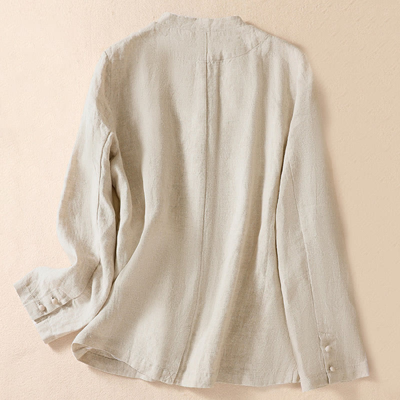Chaqueta de algodón y lino con cuello alto y manga larga para mujer de Buddha Stones con bolsillos - image 1