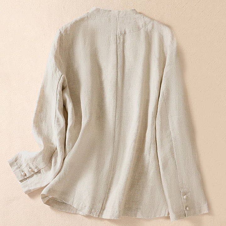 Chaqueta de algodón y lino con cuello alto y manga larga para mujer de Buddha Stones con bolsillos - image 1