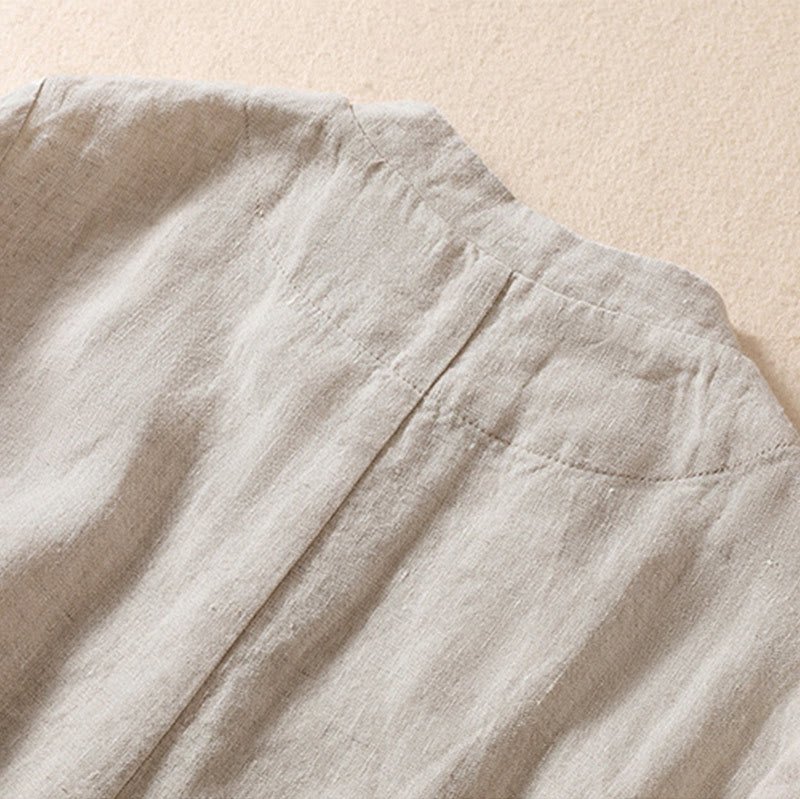 Chaqueta de algodón y lino con cuello alto y manga larga para mujer de Buddha Stones con bolsillos - image 4