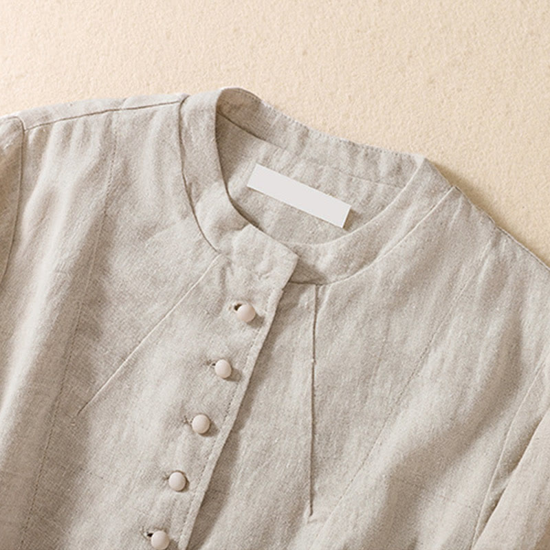 Chaqueta de algodón y lino con cuello alto y manga larga para mujer de Buddha Stones con bolsillos - image 7