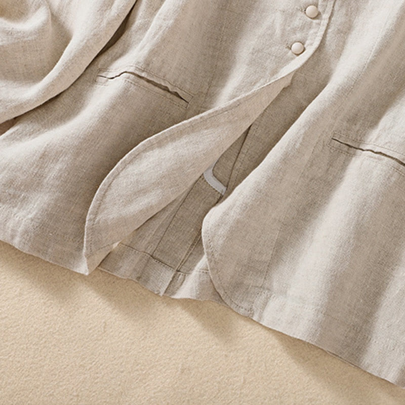 Chaqueta de algodón y lino con cuello alto y manga larga para mujer de Buddha Stones con bolsillos - image 2