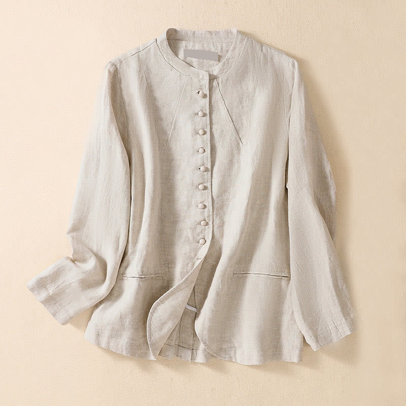 Chaqueta de algodón y lino con cuello alto y manga larga para mujer de Buddha Stones con bolsillos - Beige - US8-10，UK/AU12-14，EU40-42 (2XL) - image 0