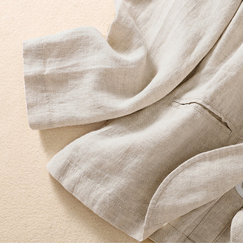 Chaqueta de algodón y lino con cuello alto y manga larga para mujer de Buddha Stones con bolsillos - image 8