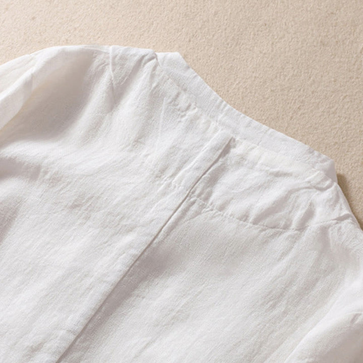 Chaqueta de algodón y lino con cuello alto y manga larga para mujer de Buddha Stones con bolsillos - image 15