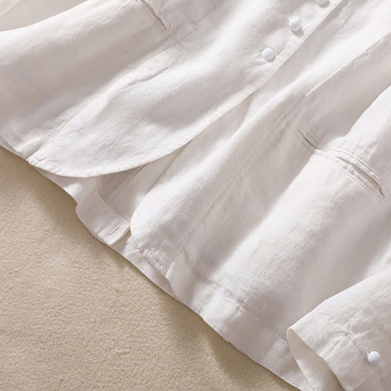 Chaqueta de algodón y lino con cuello alto y manga larga para mujer de Buddha Stones con bolsillos - image 19