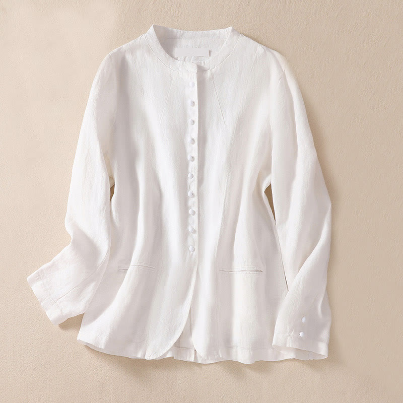 Chaqueta de algodón y lino con cuello alto y manga larga para mujer de Buddha Stones con bolsillos - Blanco - US8-10，UK/AU12-14，EU40-42 (2XL) - image 13