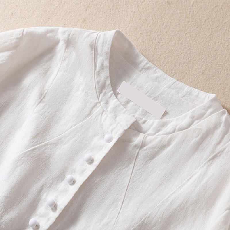 Chaqueta de algodón y lino con cuello alto y manga larga para mujer de Buddha Stones con bolsillos - image 20