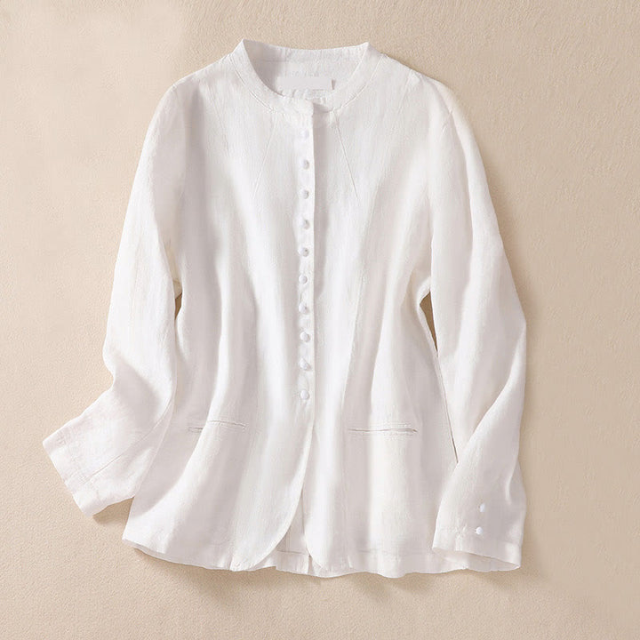 Chaqueta de algodón y lino con cuello alto y manga larga para mujer de Buddha Stones con bolsillos - Blanco - US8-10，UK/AU12-14，EU40-42 (2XL) - image 13