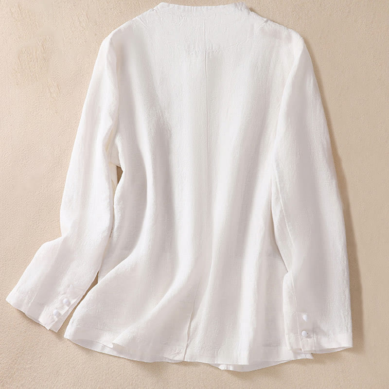 Chaqueta de algodón y lino con cuello alto y manga larga para mujer de Buddha Stones con bolsillos - image 14