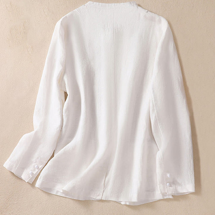 Chaqueta de algodón y lino con cuello alto y manga larga para mujer de Buddha Stones con bolsillos - image 14