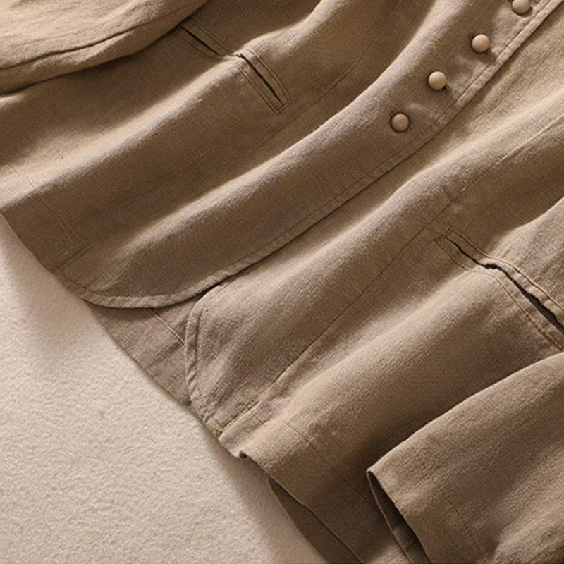 Chaqueta de algodón y lino con cuello alto y manga larga para mujer de Buddha Stones con bolsillos - image 26