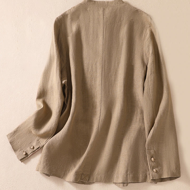 Chaqueta de algodón y lino con cuello alto y manga larga para mujer de Buddha Stones con bolsillos - image 23
