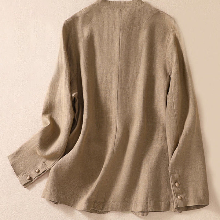 Chaqueta de algodón y lino con cuello alto y manga larga para mujer de Buddha Stones con bolsillos - image 23