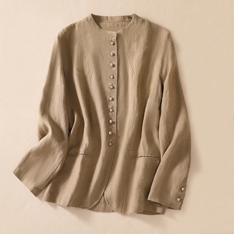 Chaqueta de algodón y lino con cuello alto y manga larga para mujer de Buddha Stones con bolsillos - Broncearse - US8-10，UK/AU12-14，EU40-42 (2XL) - image 22
