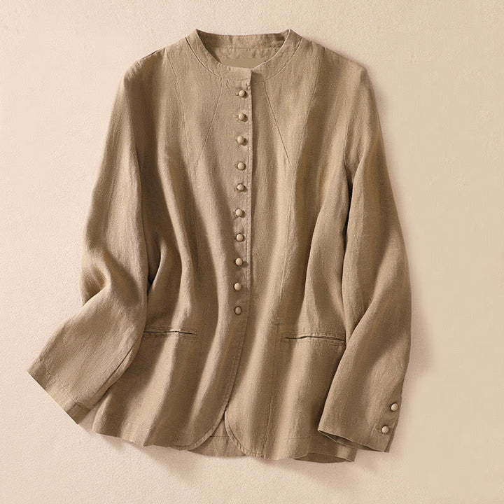 Chaqueta de algodón y lino con cuello alto y manga larga para mujer de Buddha Stones con bolsillos - Broncearse - US8-10，UK/AU12-14，EU40-42 (2XL) - image 22