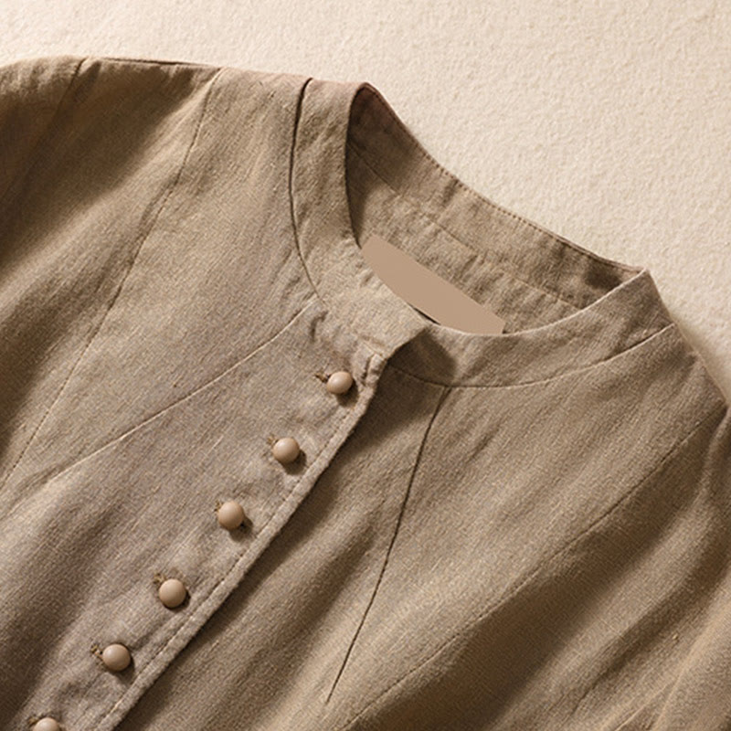 Chaqueta de algodón y lino con cuello alto y manga larga para mujer de Buddha Stones con bolsillos - image 28