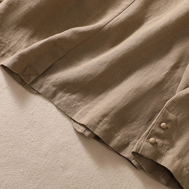 Chaqueta de algodón y lino con cuello alto y manga larga para mujer de Buddha Stones con bolsillos - image 24