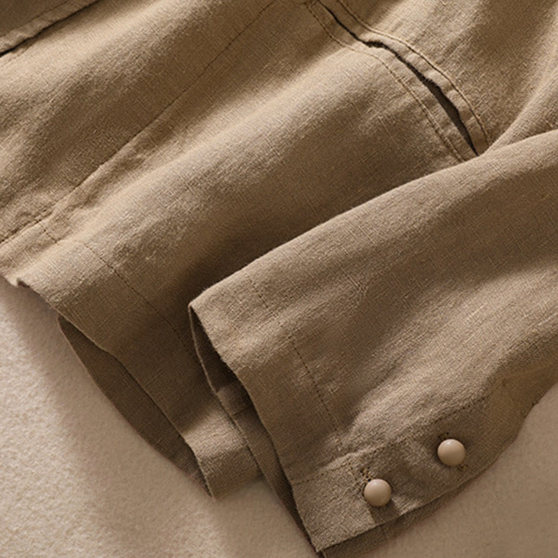 Chaqueta de algodón y lino con cuello alto y manga larga para mujer de Buddha Stones con bolsillos - image 29