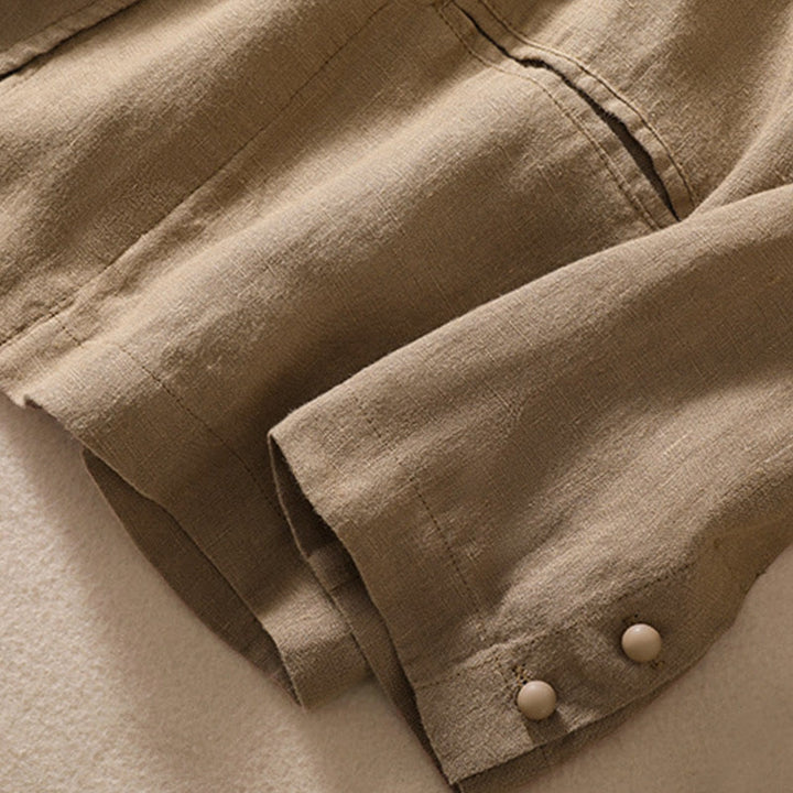 Chaqueta de algodón y lino con cuello alto y manga larga para mujer de Buddha Stones con bolsillos - image 29