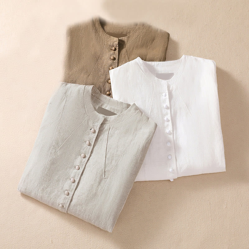 Chaqueta de algodón y lino con cuello alto y manga larga para mujer de Buddha Stones con bolsillos - image 31