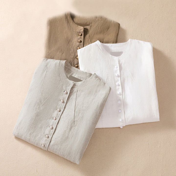 Chaqueta de algodón y lino con cuello alto y manga larga para mujer de Buddha Stones con bolsillos - image 31