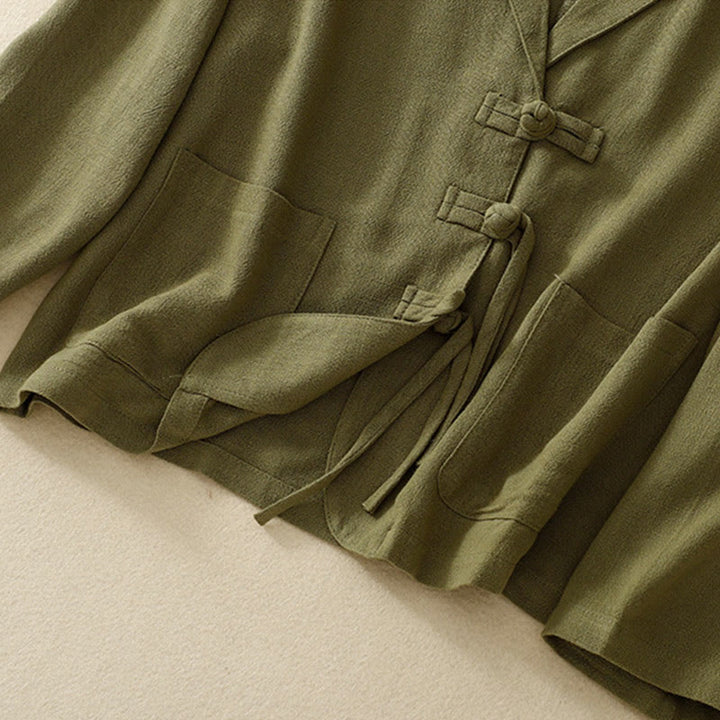 Chaqueta de manga larga con botones de rana y bolsillos para mujer de Buddha Stones en algodón y lino - image 10