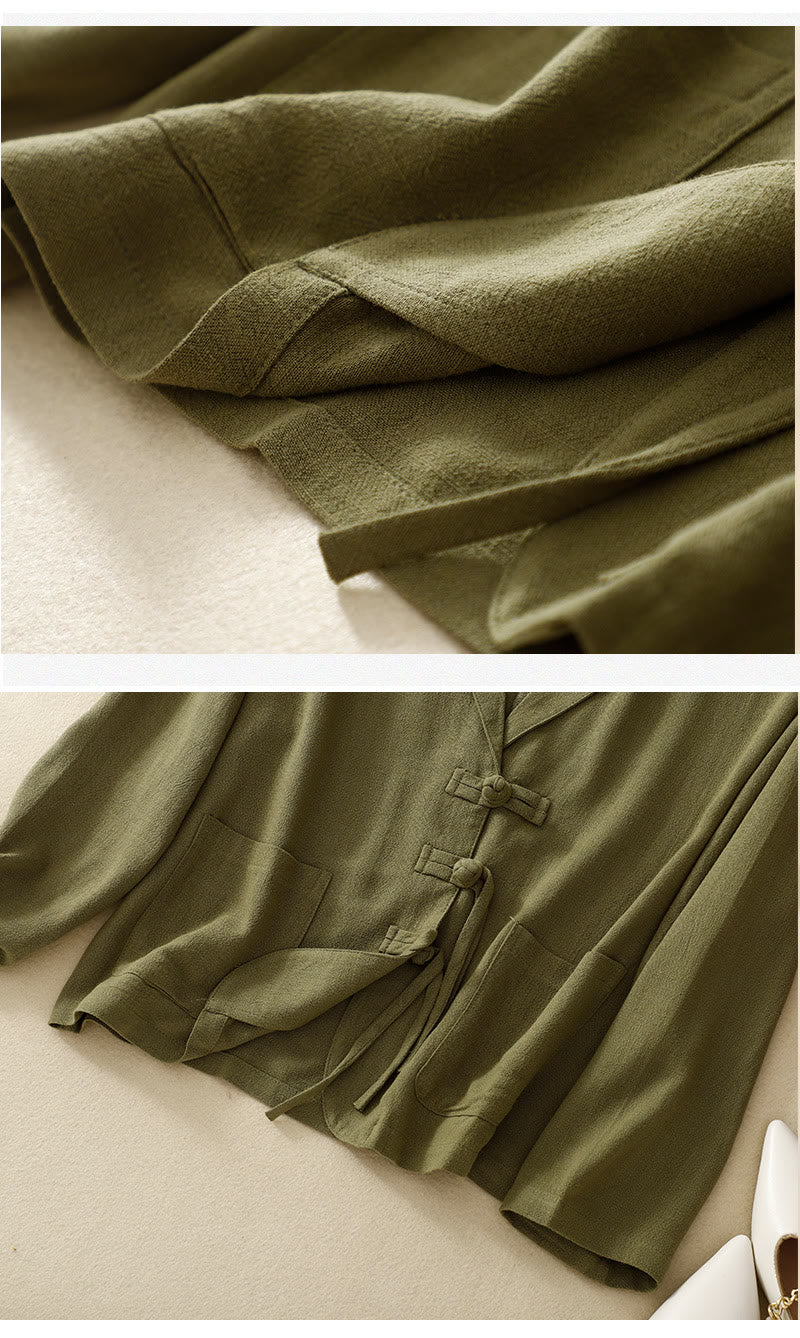 Chaqueta de manga larga con botones de rana y bolsillos para mujer de Buddha Stones en algodón y lino - image 11