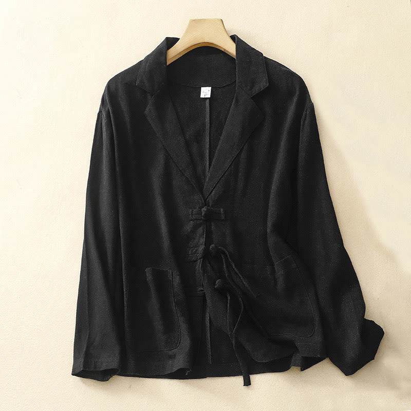 Chaqueta de manga larga con botones de rana y bolsillos para mujer de Buddha Stones en algodón y lino - Negro - US12, UK/AU16, EU44 (2XL) - image 12
