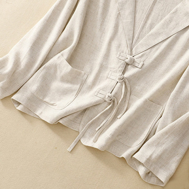 Chaqueta de manga larga con botones de rana y bolsillos para mujer de Buddha Stones en algodón y lino - image 24