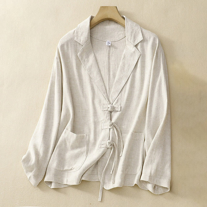 Chaqueta de manga larga con botones de rana y bolsillos para mujer de Buddha Stones en algodón y lino - Blanco floral - US12, UK/AU16, EU44 (2XL) - image 17