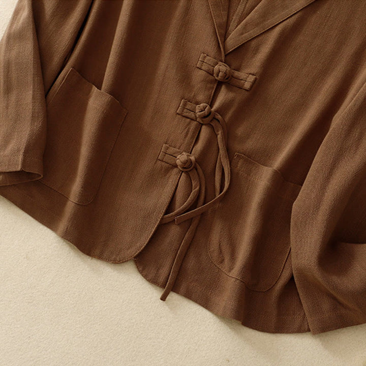 Chaqueta de manga larga con botones de rana y bolsillos para mujer de Buddha Stones en algodón y lino - image 28