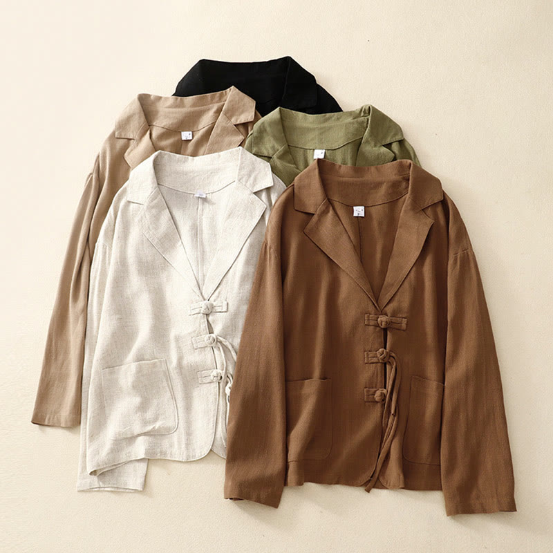 Chaqueta de manga larga con botones de rana y bolsillos para mujer de Buddha Stones en algodón y lino - image 32