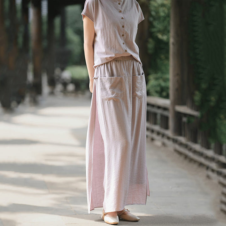 Conjunto de dos piezas de camisa de manga corta con botones y falda con bolsillos de algodón para meditación de mujer con Buddha Stones - image 3