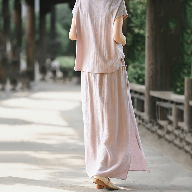 Conjunto de dos piezas de camisa de manga corta con botones y falda con bolsillos de algodón para meditación de mujer con Buddha Stones - image 5