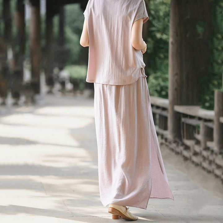 Conjunto de dos piezas de camisa de manga corta con botones y falda con bolsillos de algodón para meditación de mujer con Buddha Stones - image 5