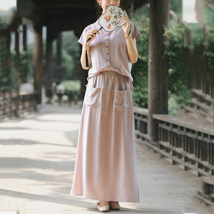 Conjunto de dos piezas de camisa de manga corta con botones y falda con bolsillos de algodón para meditación de mujer con Buddha Stones - image 7