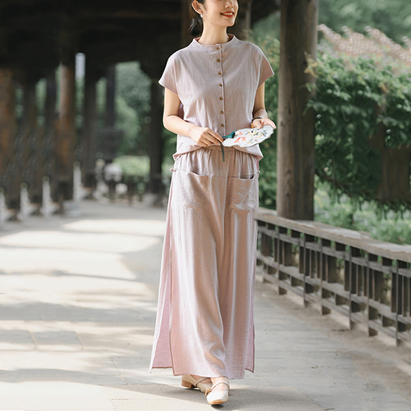 Conjunto de dos piezas de camisa de manga corta con botones y falda con bolsillos de algodón para meditación de mujer con Buddha Stones - image 2