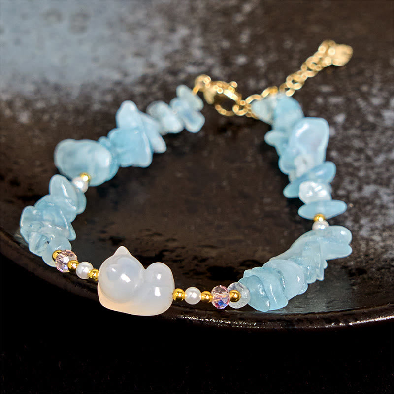 Pulsera curativa con Buddha Stones, aguamarina irregular natural y bonito gato - Aguamarina (circunferencia de la muñeca: 15 cm) - image 1