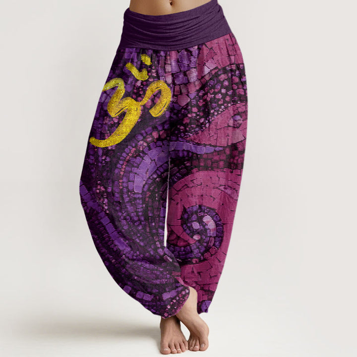 Pantalones bombachos de cintura elástica para mujer, de algodón, estilo casual, con estampado de mosaico del símbolo Om dorado y Buddha Stones . - Magenta oscuro - US22，UK/AU26，EU54 (6XL) - image 4
