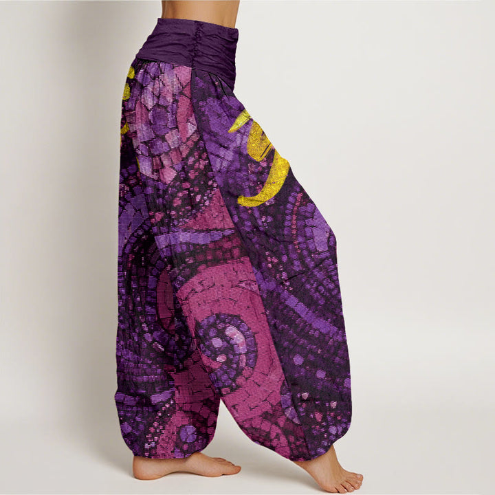 Pantalones bombachos de cintura elástica para mujer, de algodón, estilo casual, con estampado de mosaico del símbolo Om dorado y Buddha Stones . - image 6