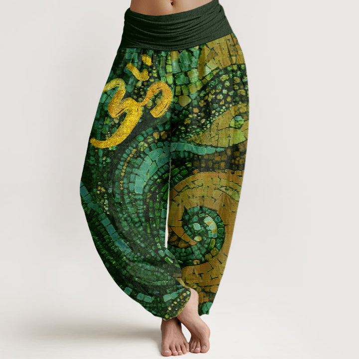 Pantalones bombachos de cintura elástica para mujer, de algodón, estilo casual, con estampado de mosaico del símbolo Om dorado y Buddha Stones . - Verde bosque - US22，UK/AU26，EU54 (6XL) - image 7