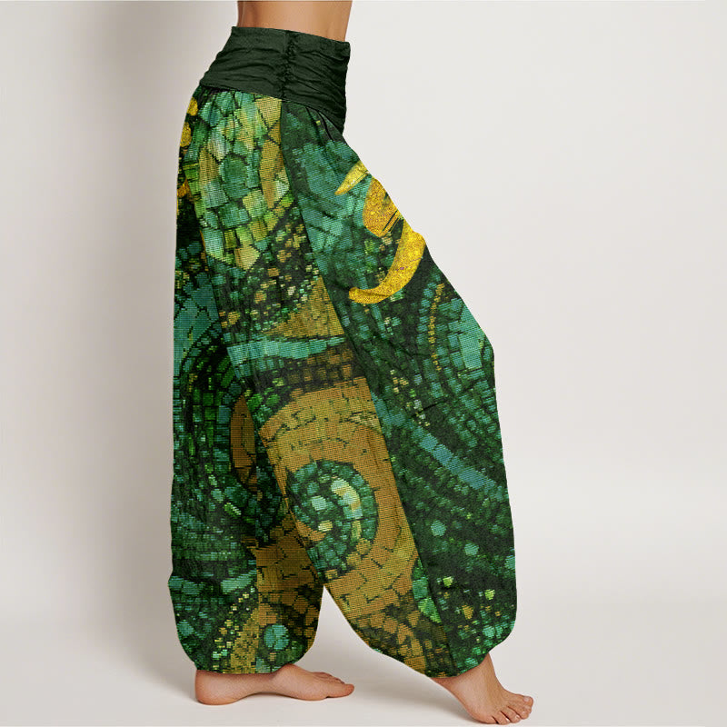 Pantalones bombachos de cintura elástica para mujer, de algodón, estilo casual, con estampado de mosaico del símbolo Om dorado y Buddha Stones . - image 9
